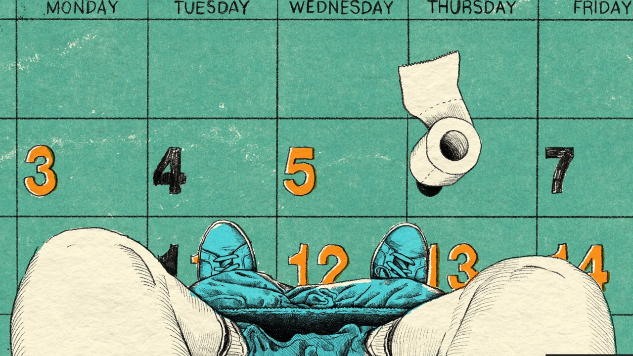 Muškarac sedi na WC šolji - ilustracija