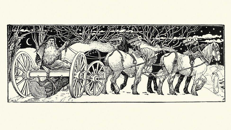 Vintažna gravura (1800-te) Deda Mraza i badnjaka