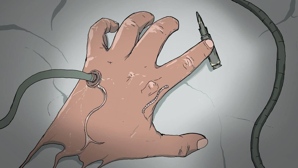 ilustracija ruke u koju je uboden špric, a pored nje je metak