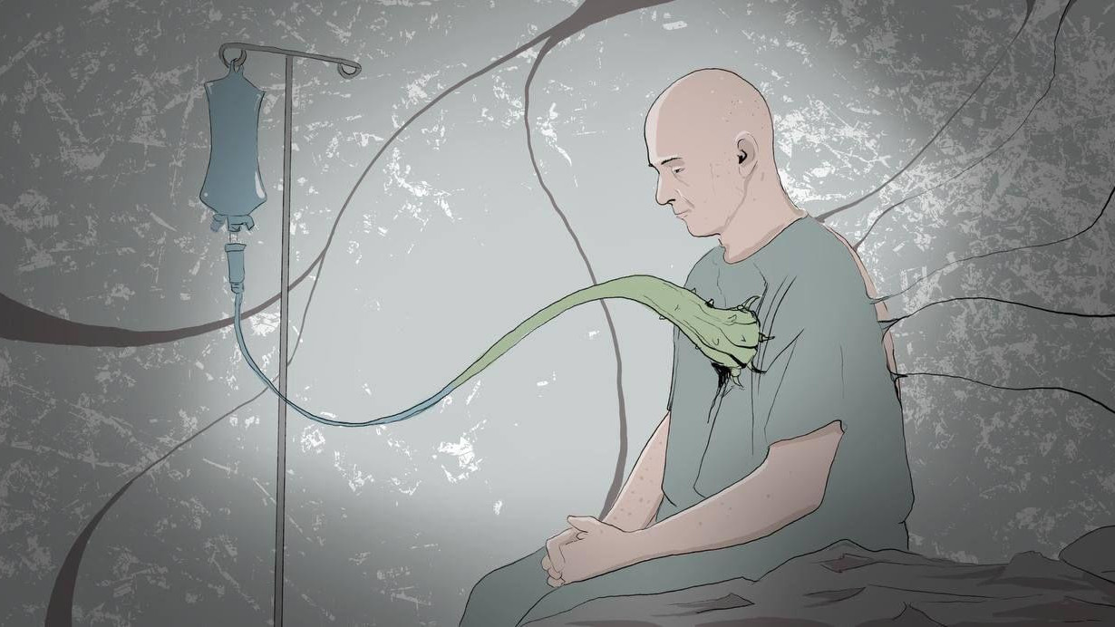 ilustracija muškarca koji sedi na bolničkom krevetu, a na srcu mu je otvorena rana kao da je ušla neka životinja iz horor filmova