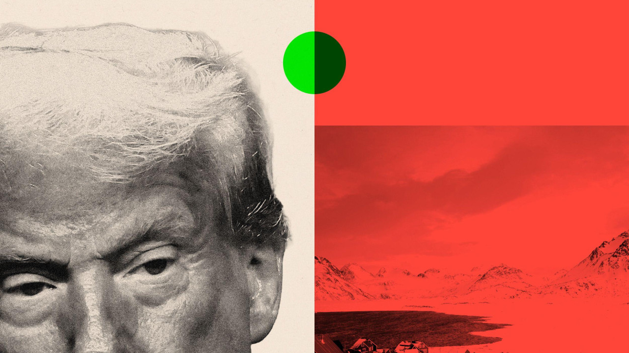 Donald Tramp pokazuje prstom na levoj slici, dok je na drugoj selo na Grenlandu