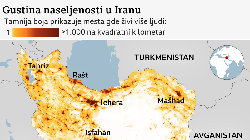 mapa naseljenosti u iranu, u kojima gradovima u iranu živi najviše ljudi, koji gradovi u iranu su najnaseljeniji