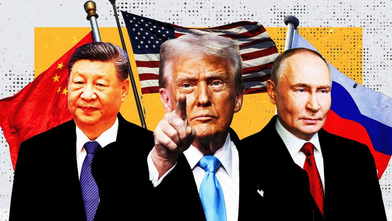 Ilustracija Sija Đinpinga, Donalda Trampa i Vladimira Putina ispred zastava njihovih država