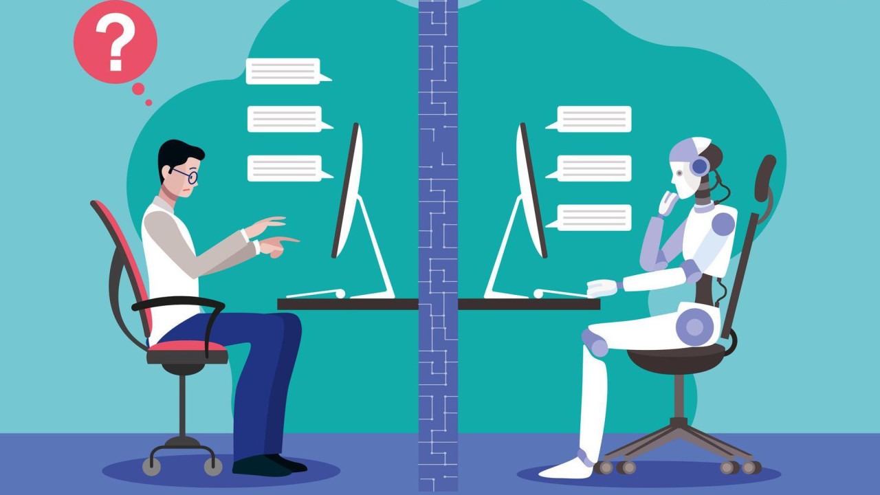 Muškarac i robot sede za kompjuterima i dopisuju se