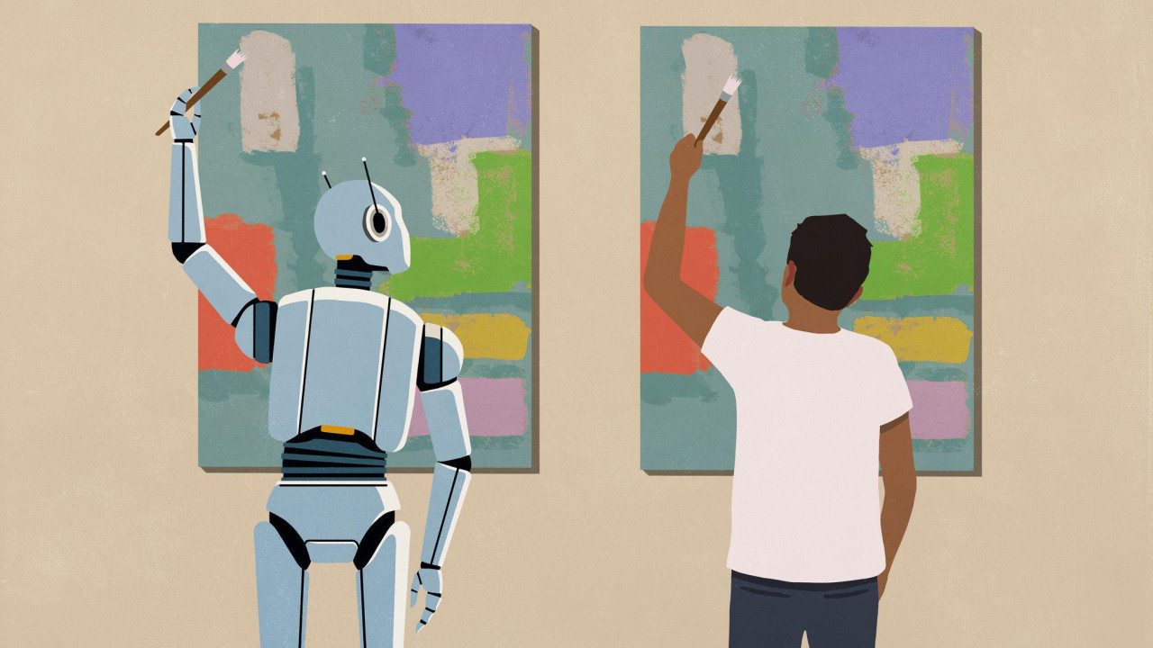 Apstraktna slika muškarca i robota ispred platna na kojima slikaju 