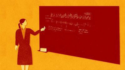 Ilustracija žene pored školske table kako objašnjava, učiteljica, nastavnica pored table