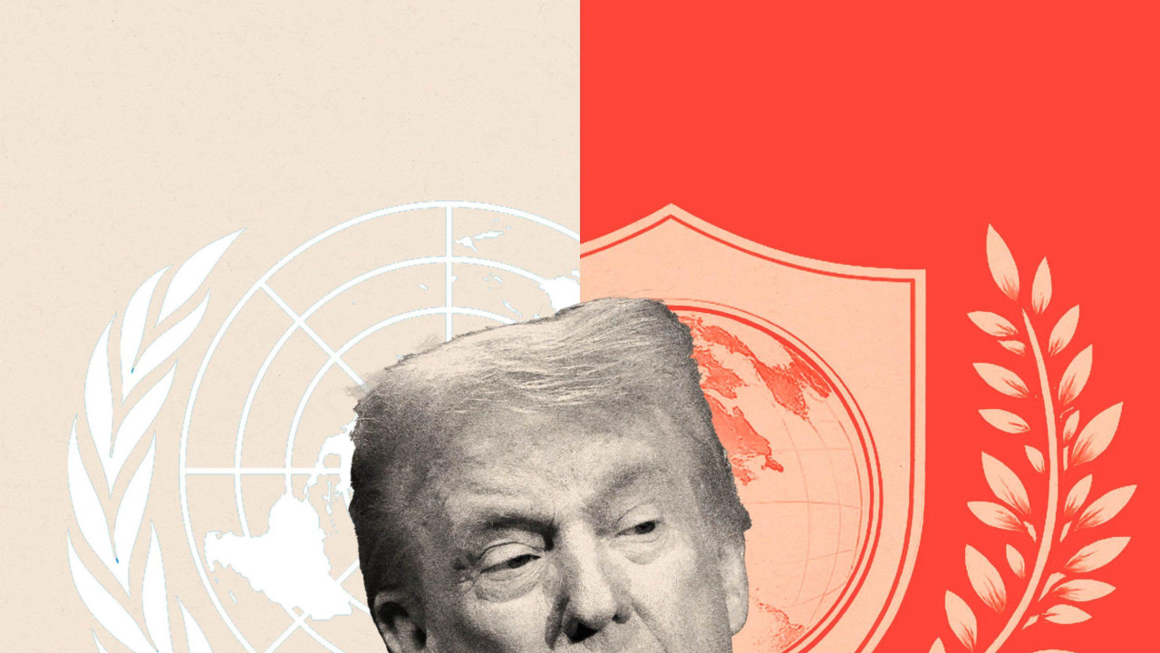 Donald Tramp, logo UN logo i amblem Odbora za mir 