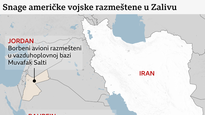 Mapa Bliskog istoka koja prikazuje nedavno raspoređivanje američke vojske oko Irana, u Zalivu. Oznake na mapi govore da su u Jordanu borbeni avioni raspoređeni u vazduhoplovnoj bazi Muvafak Salti; u Bahreinu su razarači i borbeni brodovi u luci Kalifa bin Salman; u Kataru je nova protivvazdušna odbrana instalirana u vazduhoplovnoj bazi al-Udeid. A u Indijskom okeanu, flotu predvodi američki razbojnik „Abraham Linkoln“.