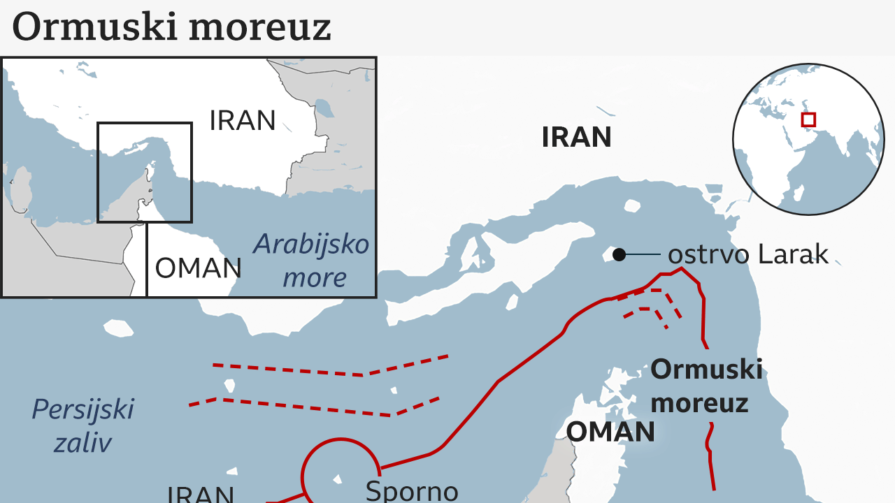 Mapa prikazuje gde se Ormuski moreuz nalazi u Omanskom zalivu, ključnoj ruti za globalni transport nafte. Moreuz se nalazi između Irana i poluostrva Ujedinjenih Arapskih Emirata i Omana. Mapa takođe prikazuje zemlje u širem regionu Bliskog istoka, uključujući Saudijsku Arabiju, Irak, Jordan i Izrael.