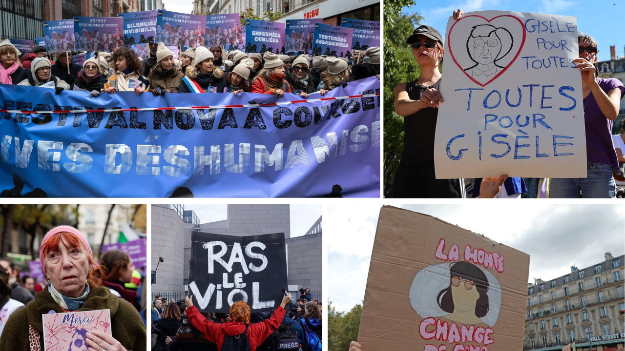 Žene drže transparente u znak podrške Žizel Peliko 2024