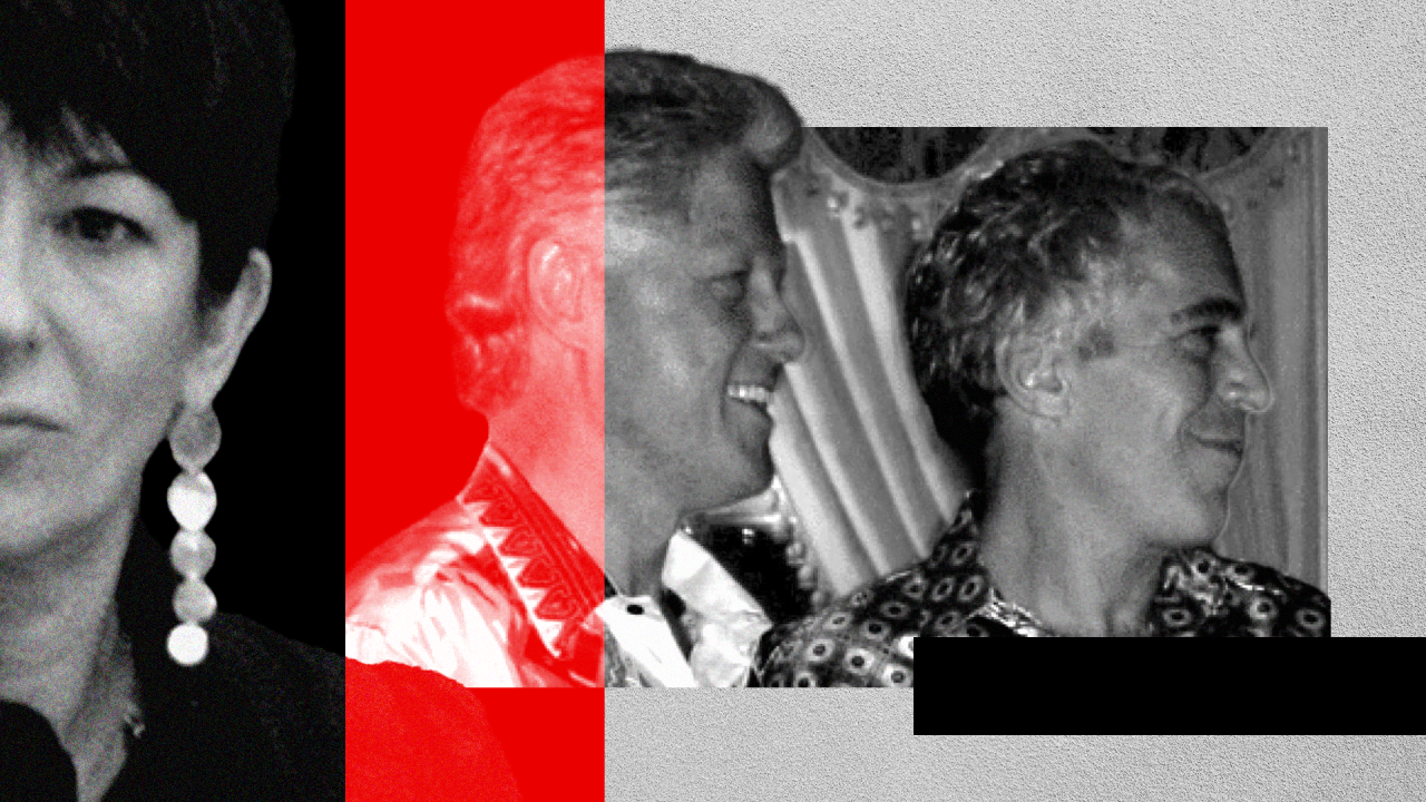 A designed image shows profile pictures of Clinton with Epstein and a separate one of Maxwell